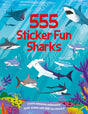 Colorful underwater scene with various animated sharks swimming among coral reefs and marine plants
