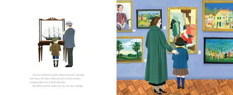 World More Beautiful: The Life and Art of Barbara Cooney shows a child and adult exploring art in a gallery with vibrant paintings.