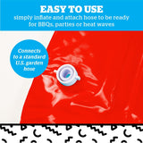 Close-up of white hose connector attached to red inflatable surface with easy-to-use garden hose connection text above