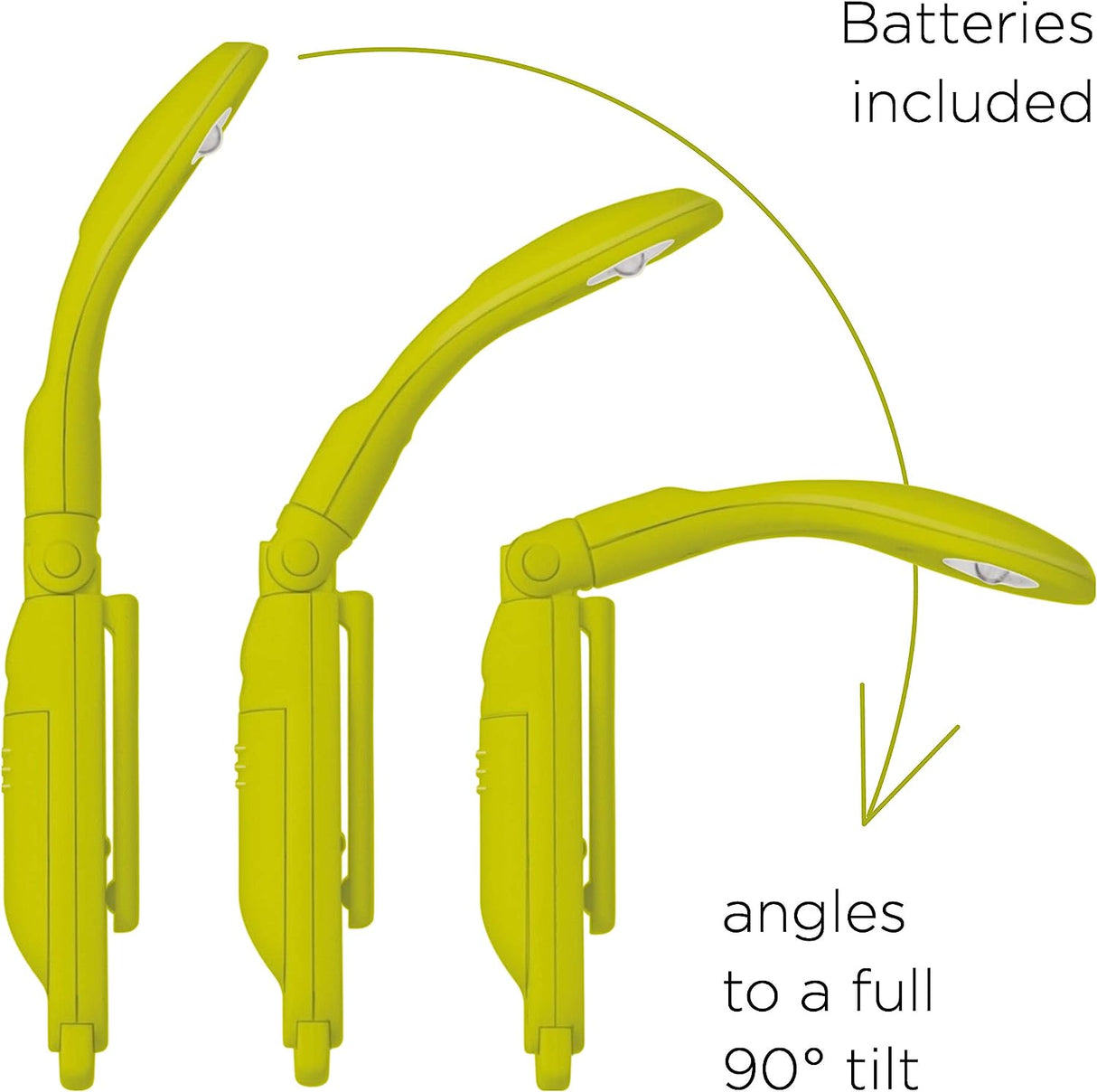 Really Tiny Book Light Chartreuse showing three positions of its flexible arm with batteries included and 90-degree tilt feature.