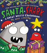 Santa Shark book cover with a festive shark wearing a Santa hat and a crab holding a star and gifts.