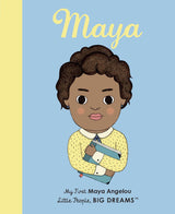 My First Little People: Maya Angelou board book cover with illustration of young Maya holding a book on blue background.