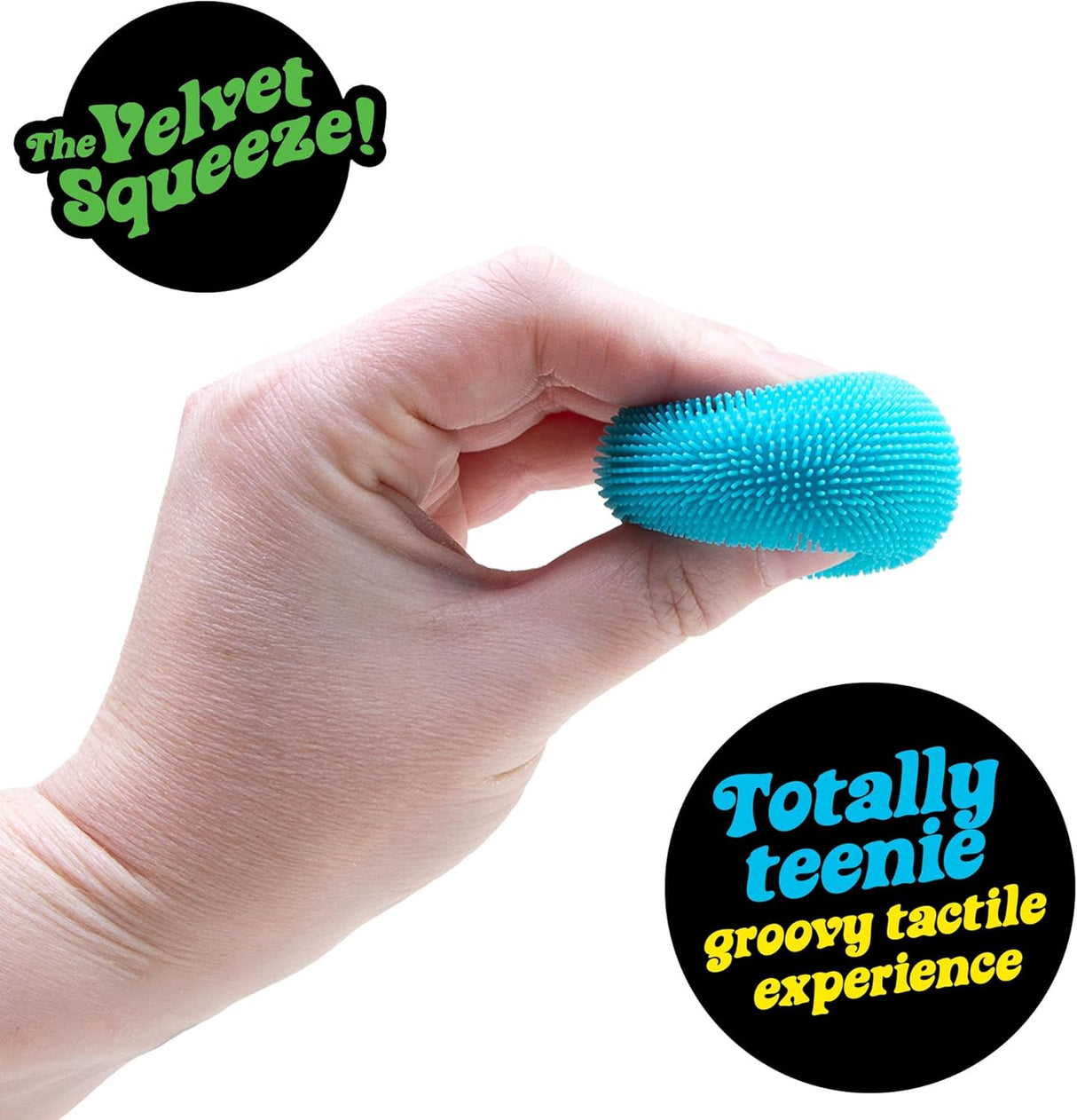Hand holding a small blue NeeDoh Teenie Fuzz Ball with soft, fuzzy texture for a relaxing tactile experience