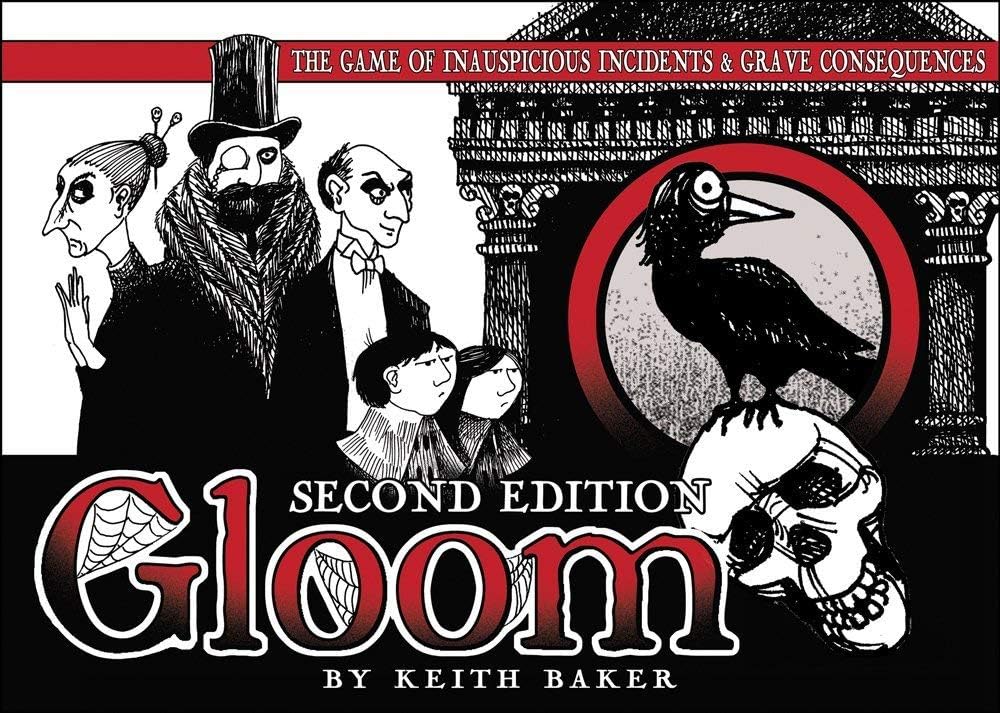 Illustration of gloomy Victorian characters, a raven, and a skull with red and black design elements for Gloom Second Edition game.