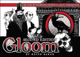 Illustration of gloomy Victorian characters, a raven, and a skull with red and black design elements for Gloom Second Edition game.