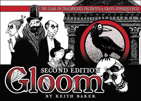 Illustration of gloomy Victorian characters, a raven, and a skull with red and black design elements for Gloom Second Edition game.