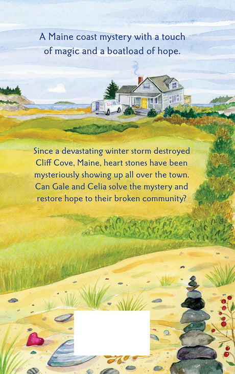 Heart Stones book cover showing a coastal Maine scene with heart-shaped stones and a cozy house in the background.