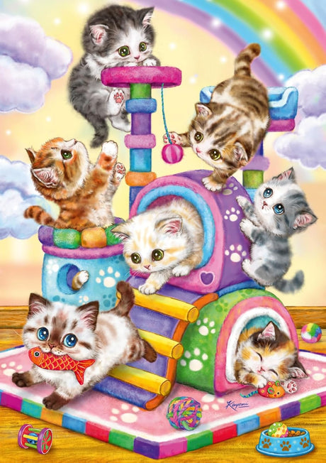 35pc Playful Purr Babies Puzzle featuring adorable kittens playing on colorful cat towers with toys and a rainbow background