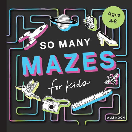 Colorful maze pattern with kid-friendly illustrations and text promoting a maze activity book for ages 4 to 8.