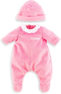 Soft pink baby sleeper with white ruffled collar and matching pink hat on a white background
