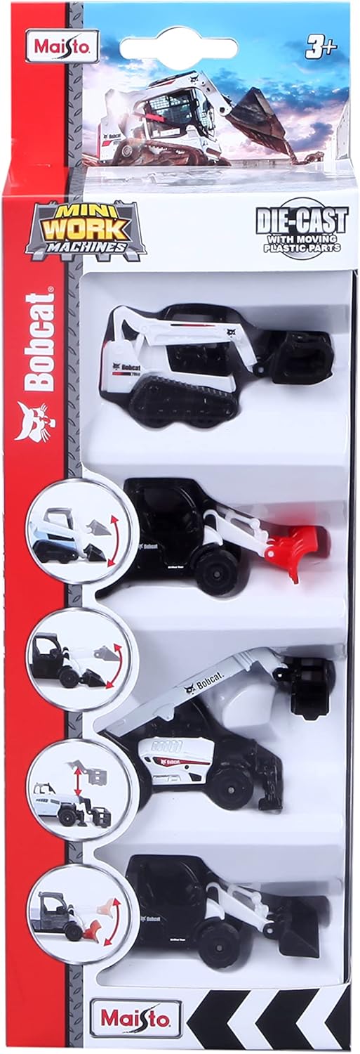 Set of four Bobcat mini work machine toys with moving parts in white and black die-cast design in packaging