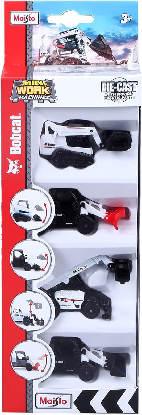 Set of four Bobcat mini work machine toys with moving parts in white and black die-cast design in packaging