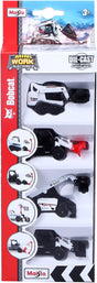 Set of four Bobcat mini work machine toys with moving parts in white and black die-cast design in packaging