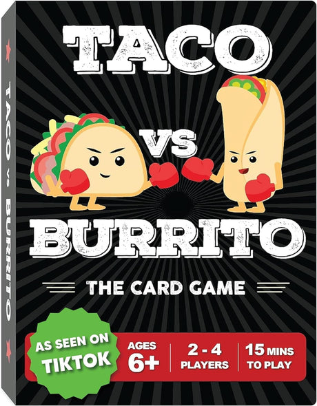 Taco vs Burrito card game box with illustrated taco and burrito characters