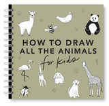 Cover of a kids drawing guide featuring simple animal sketches like panda, giraffe, dog, and bee on a green background