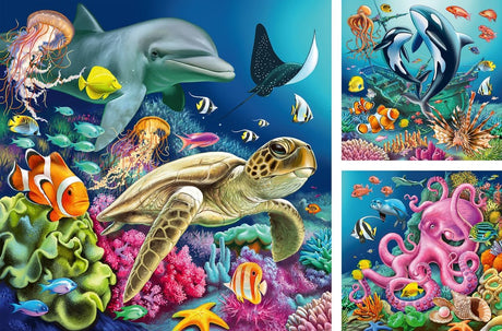 49pc Underwater Puzzles featuring colorful sea creatures like dolphins, turtles, octopus, and clownfish in vibrant reef scenes.