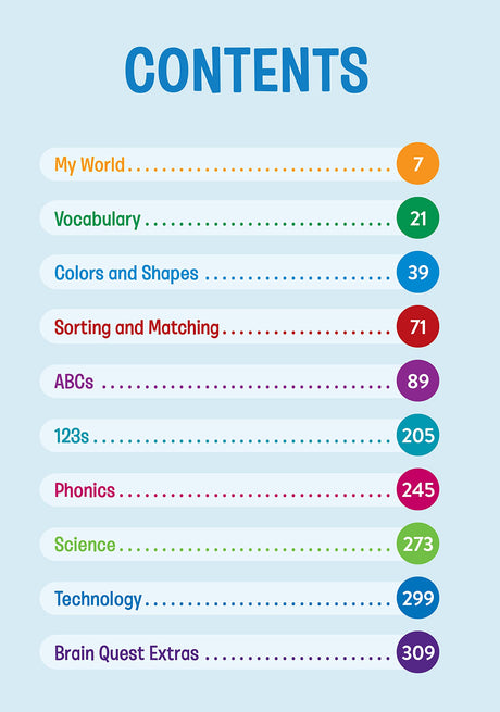 Table of contents page for Brain Quest Workbook Pre-K showing learning categories and page numbers in colorful design