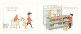 Oh Dear, Look What I Got! illustration of boy in shop with parrot on goat and bakery items on shelves.