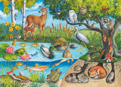 60pc Animals Above & Below Puzzle showing woodland animals, birds, fish, and underground burrowing creatures by a pond.
