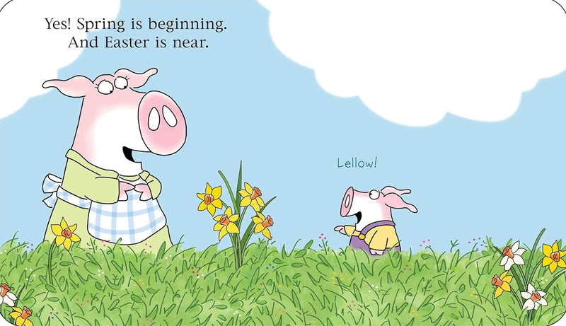 Happy Easter, Little Pookie showing Mom and Pookie in a grassy field with spring flowers welcoming Easter.