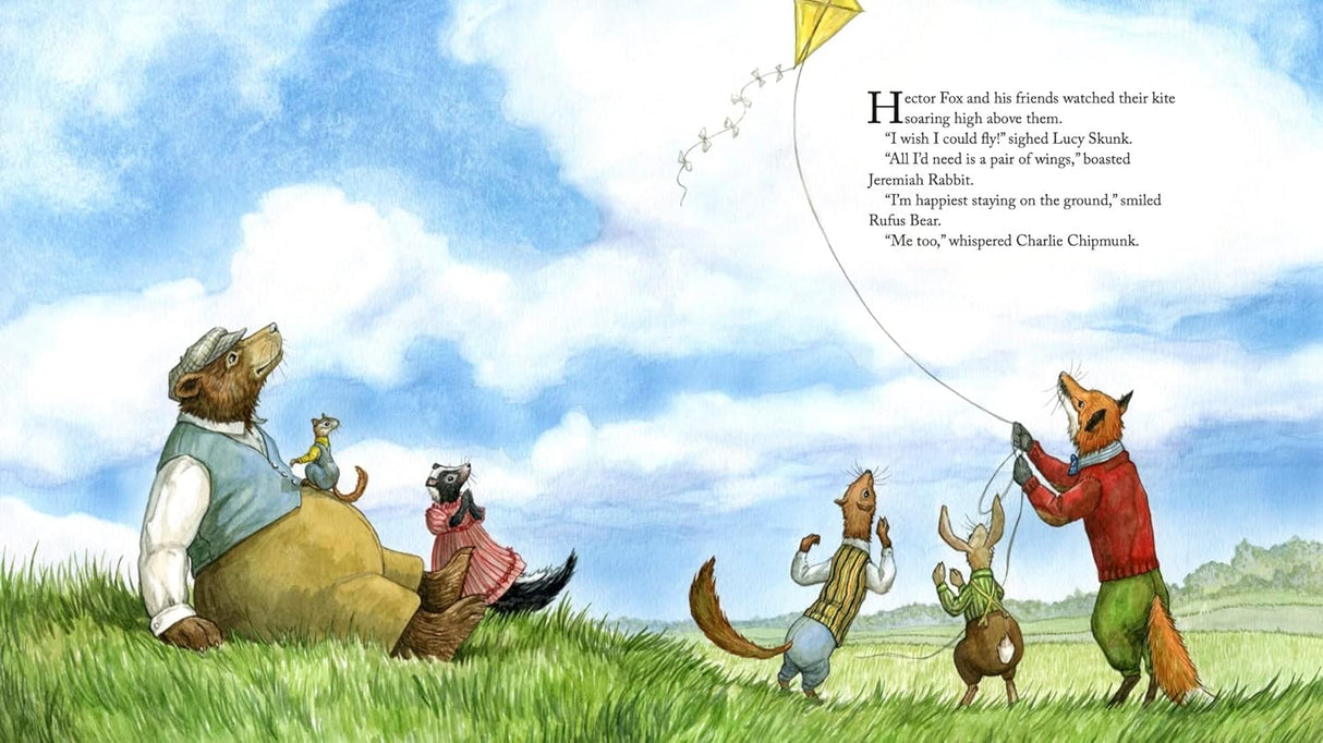 Illustration from Hector Fox & the Daring Flight showing woodland friends watching a kite fly on a sunny day.
