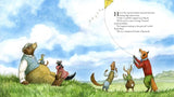 Illustration from Hector Fox & the Daring Flight showing woodland friends watching a kite fly on a sunny day.