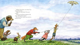 Illustration from Hector Fox & the Daring Flight shows woodland animals struggling to control a flying machine on a breezy day.
