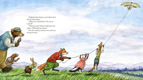 Illustration from Hector Fox & the Daring Flight shows woodland animals struggling to control a flying machine on a breezy day.