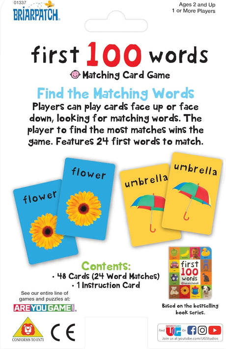 First 100 Words Matching Card Game package with colorful word matching cards and gameplay instructions