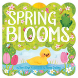 Spring Blooms board book cover with a duckling, blooming flowers, a frog, bee, and butterfly in a spring garden.