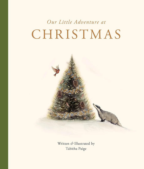 Cover of a children’s Christmas book showing a decorated tree with a bird and a curious badger nearby