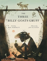 Three Billy Goats Gruff book cover showing a goat on a bridge above a troll beneath it.