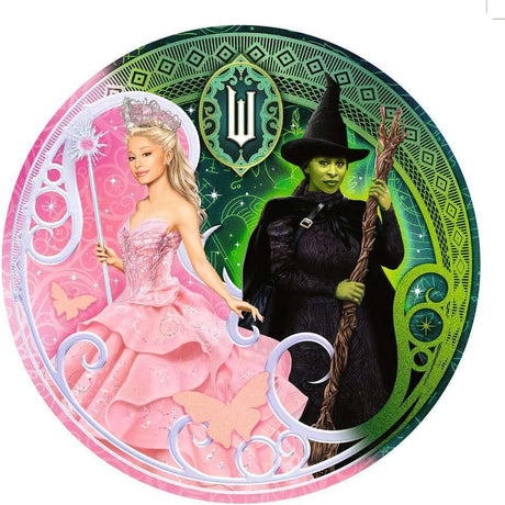 500pc Wicked Round Puzzle featuring Glinda in pink and Elphaba in black with a magical Oz-themed design.