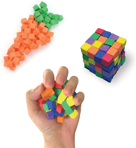 Bright colorful cubes shaped into a carrot, cube, and hand holding pieces from the FidlBitz Bag of Bitz set.