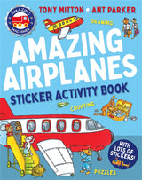 Amazing Airplanes Sticker Activity Book cover with colorful airplane and cartoon animals engaging in activities.