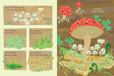 Illustration from Log Life showing friendly fungi, lichen, and mushrooms in a vibrant nurse log ecosystem for young readers.