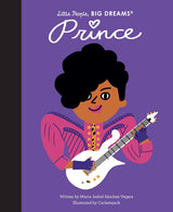 Little People, Big Dreams: Prince book cover illustration of Prince playing white guitar in purple outfit.