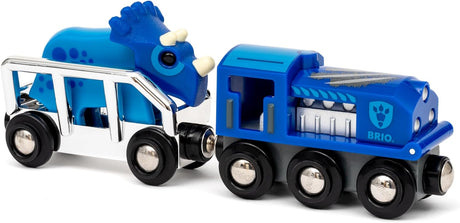 Special Edition Train 2025 featuring a silver-blue engine and a blue Triceratops wagon for BRIO World playsets.
