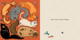Cat Shapes illustrated book page featuring cats in many playful shapes and colors
