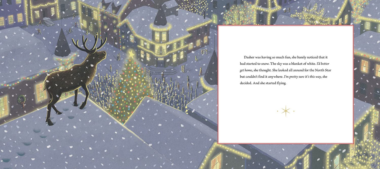 Reindeer standing on snowy rooftop overlooking festive town with Christmas tree lights glowing below at night