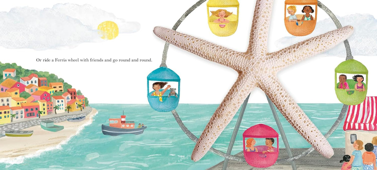 Illustration from If You Spot a Shell showing a colorful Ferris wheel with children by the seaside and a large starfish.