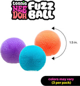 Three colorful teenie NeeDoh Fuzz Balls with soft, fuzzy texture measuring 1.5 inches, 3 pack, colors may vary.