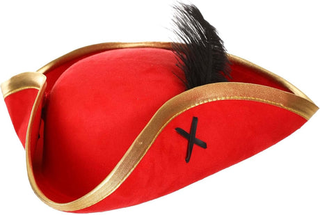 Red Skull & Crossbones Pirate Hat with faux suede, gold trim, black ribbon stitching, and upright black feather on the left side.