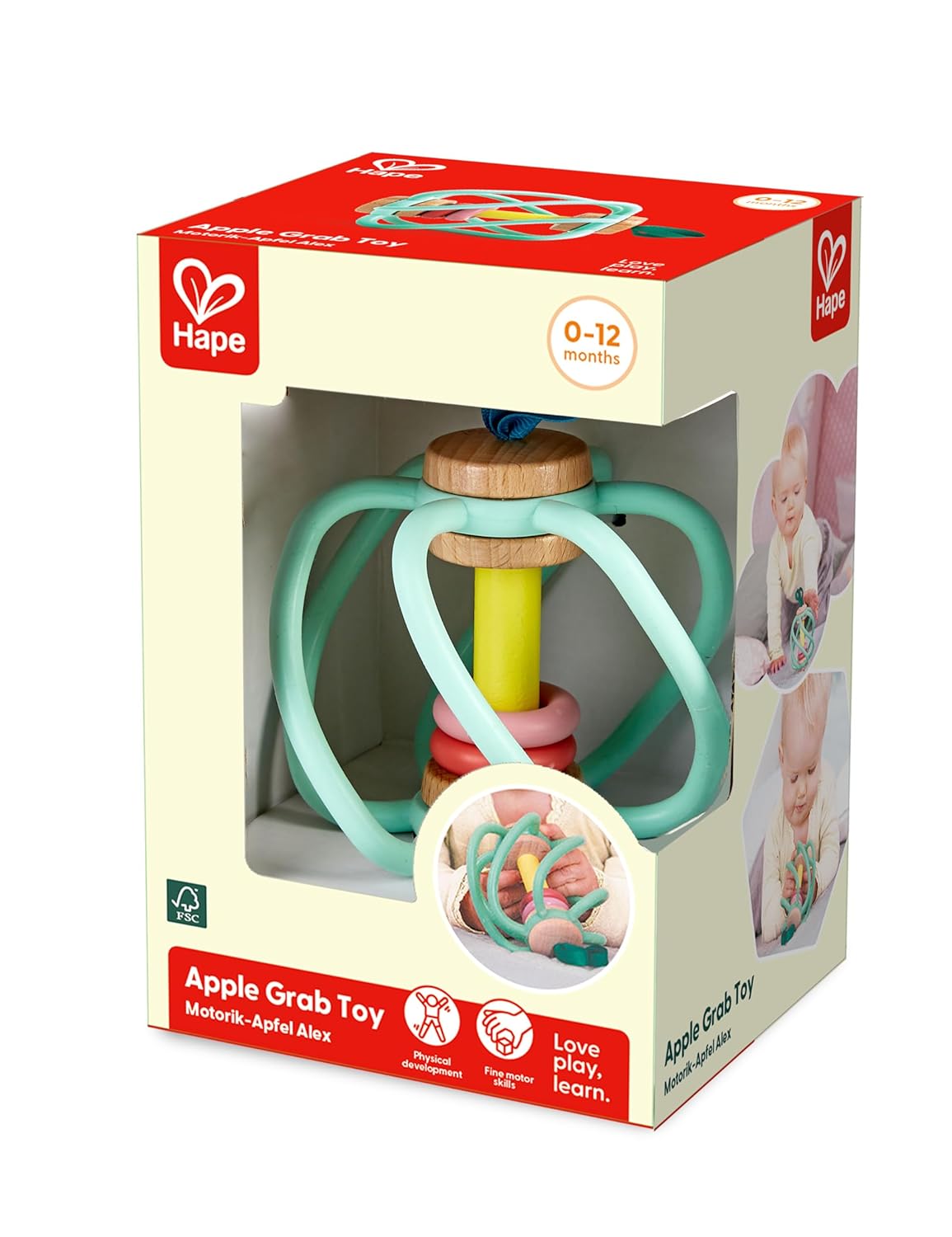 Colorful baby apple grab toy with soft silicone bars and wooden parts packaged for ages 0 to 12 months.