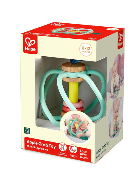 Colorful baby apple grab toy with soft silicone bars and wooden parts packaged for ages 0 to 12 months.