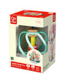 Colorful baby apple grab toy with soft silicone bars and wooden parts packaged for ages 0 to 12 months.