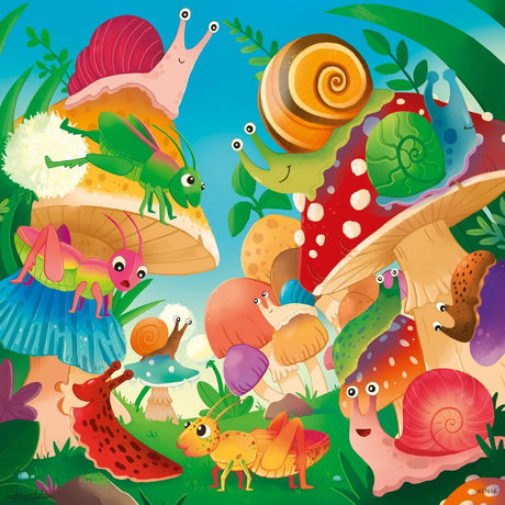 Colorful insects and mushrooms illustration from the 49pc Bugs, Bugs, Bugs Puzzles for kids fun and learning.