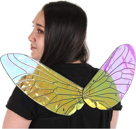 Woman wearing Holographic Bee Wings with iridescent colors and adjustable elastic shoulder straps.