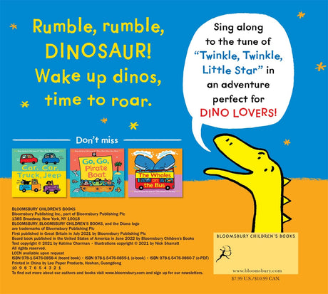 Rumble Rumble Dinosaur book cover with a yellow dinosaur and playful rhyme about singing to Twinkle Twinkle Little Star.