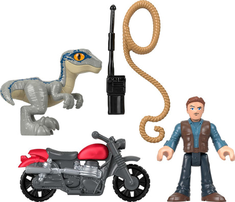 Jurassic World Owen & Blue set with poseable Owen figure, Blue raptor, motorcycle, rope, and walkie-talkie for imaginative play.